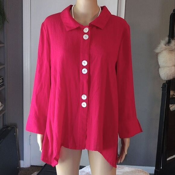 Fridaze Women's Size Small 100% Linen Solid Red Flowy Blouse Button up Top - Picture 11 of 11